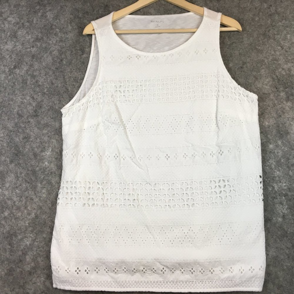 Kim Rogers Tank Top XL White Layering Lined Eyelet Pointelle Lace Look Slub Knit